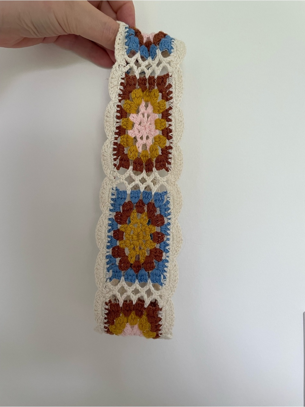 Boho Crochet Headband with Cream, Blue, Mustard & Brown Accents